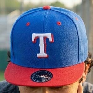 Texas Rangers Baseball Hat SWAG Brand Snapback Cap Blue Red Flat Brim NWT Men’s